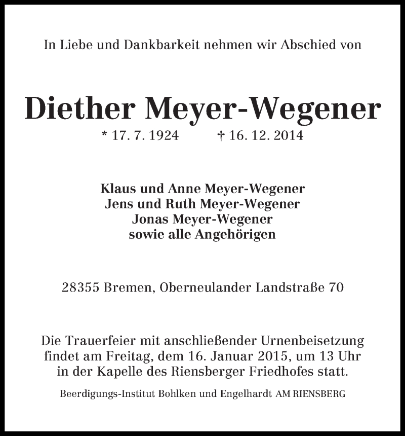 Traueranzeige von Diether Meyer-Wegener von WESER-KURIER