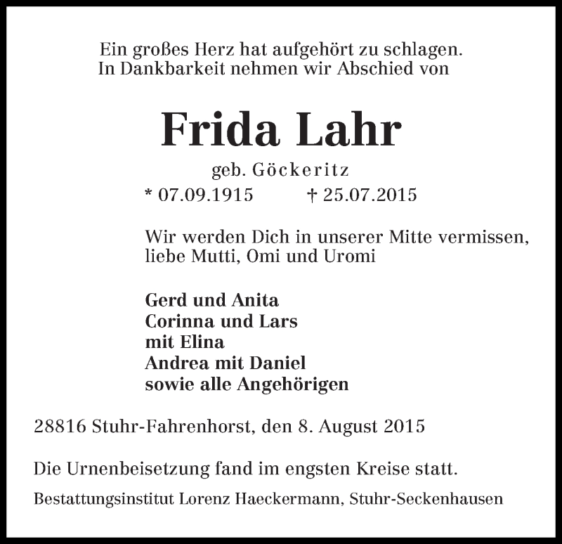 Traueranzeige von Frida Lahr von WESER-KURIER