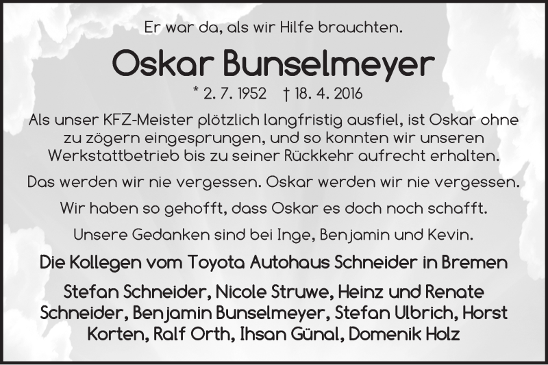 Traueranzeige von Oskar Bunselmeyer von WESER-KURIER