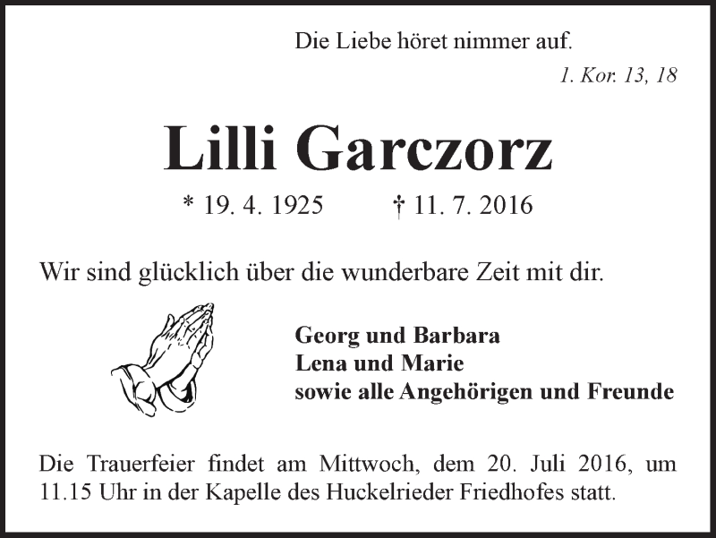 Traueranzeige von Lilli Garczorz von WESER-KURIER