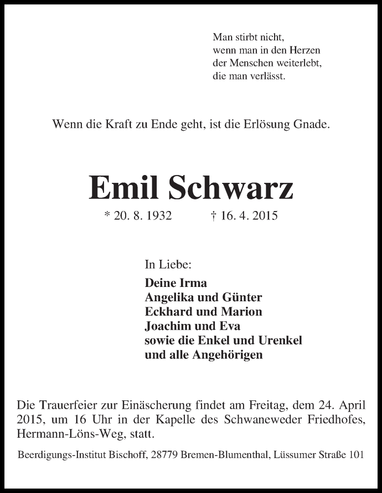 Traueranzeige von Emil Schwarz von Die Norddeutsche