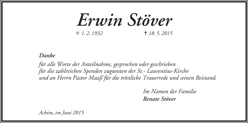 Traueranzeige von Erwin Stöver von WESER-KURIER