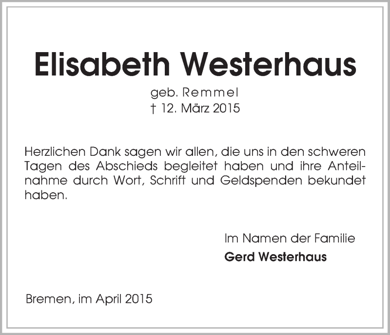 Traueranzeige von Elisabeth Westerhaus von WESER-KURIER