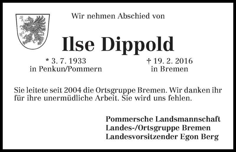 Traueranzeige von Ilse Dippold von WESER-KURIER
