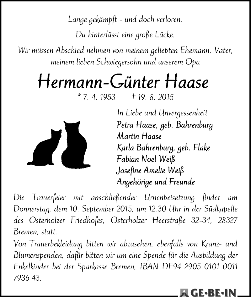 Traueranzeige von Hermann-Günter Haase von WESER-KURIER