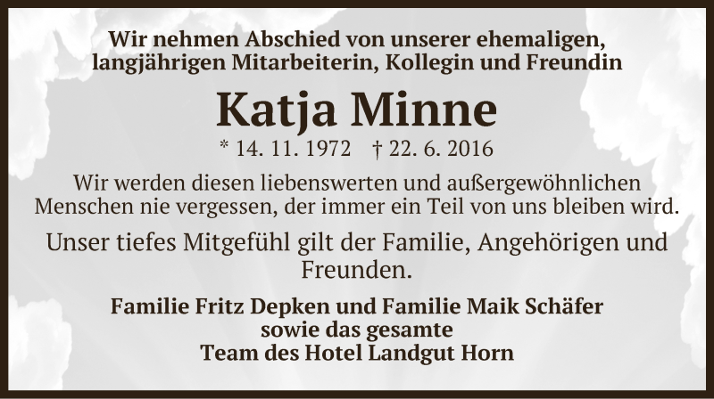 Traueranzeige von Katja Minne von WESER-KURIER