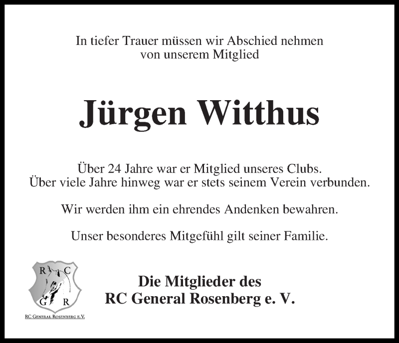 Traueranzeige von Jürgen Witthus von Die Norddeutsche