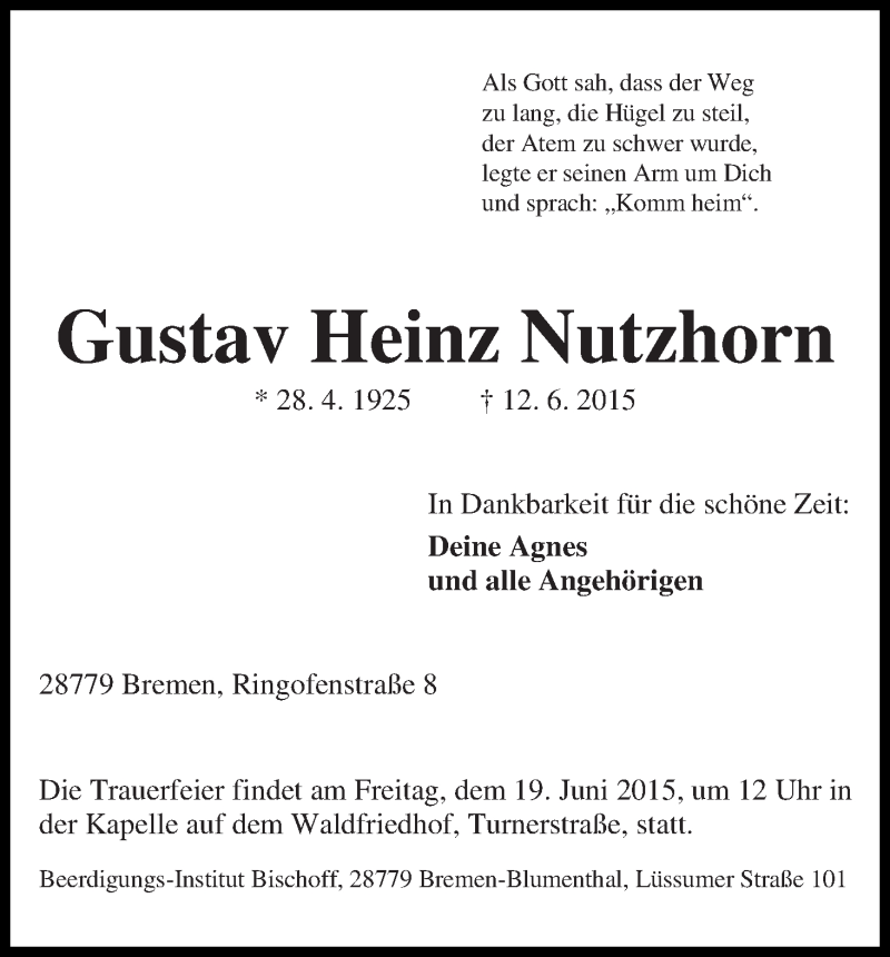 Traueranzeige von Gustav Heinz Nutzhorn von Die Norddeutsche