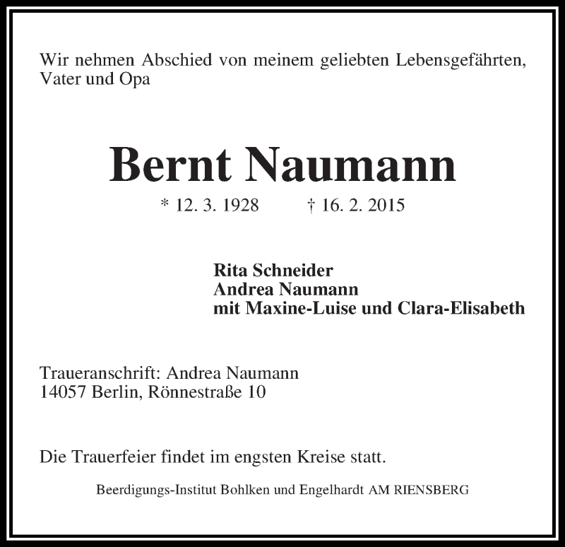 Traueranzeige von Bernt Naumann von WESER-KURIER
