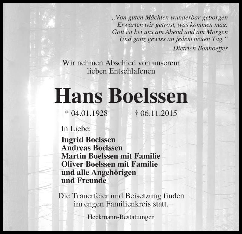 Traueranzeige von Hans Boelssen von Die Norddeutsche