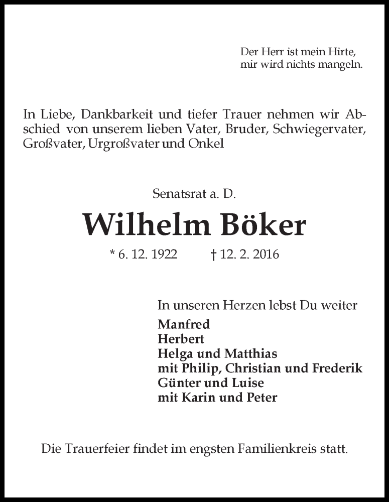 Traueranzeige von Wilhelm Böker von WESER-KURIER