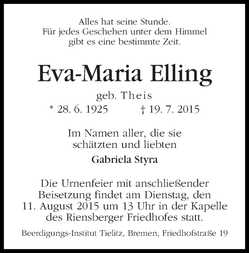 Traueranzeige von Eva-Maria Elling von WESER-KURIER