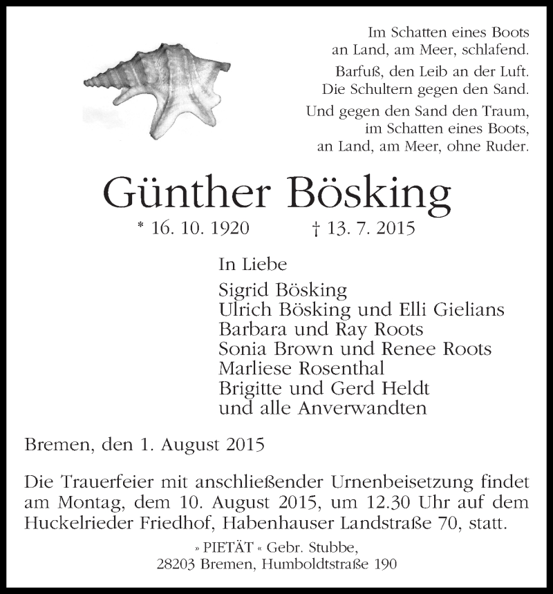 Traueranzeige von Günther Bösking von WESER-KURIER