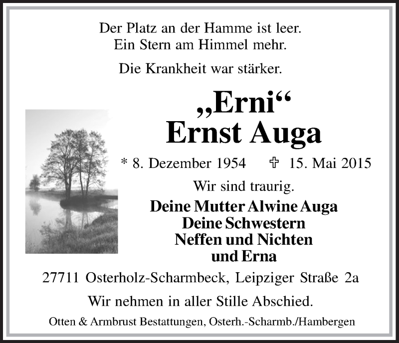 Traueranzeige von Ernst Auga von Osterholzer Kreisblatt