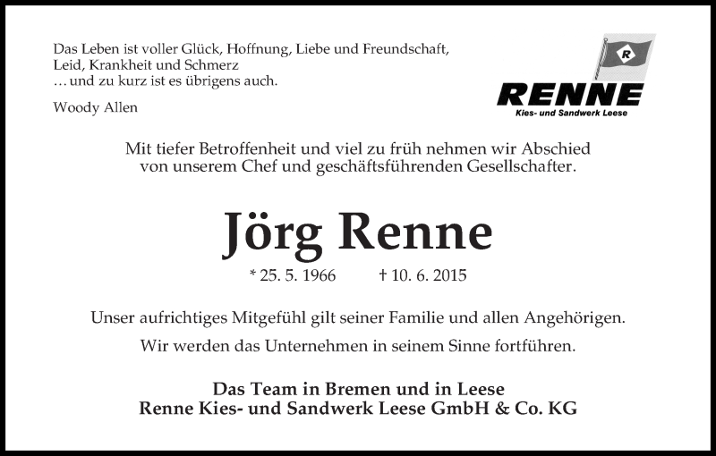 Traueranzeige von Jörg Renne von WESER-KURIER