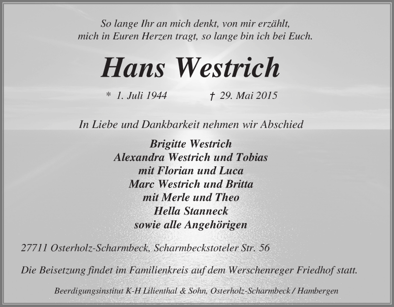 Traueranzeige von Hans Westrich von Osterholzer Kreisblatt