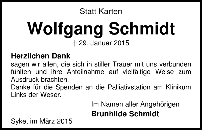 Traueranzeige von Wolfgang Schmidt von WESER-KURIER