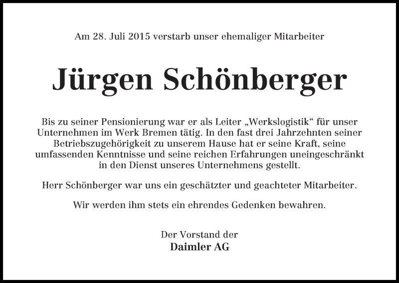 Traueranzeige von Jürgen Schönberger von WESER-KURIER