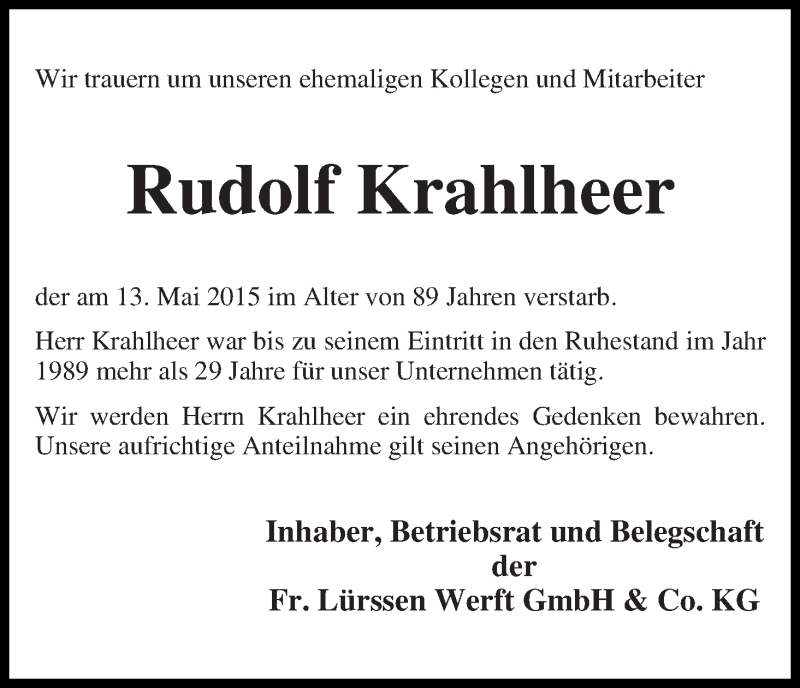 Traueranzeige von Rudolf Krahlheer von Die Norddeutsche