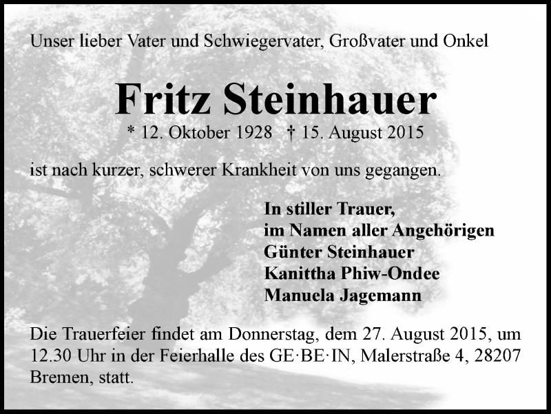 Traueranzeige von Fritz Steinhauer von WESER-KURIER