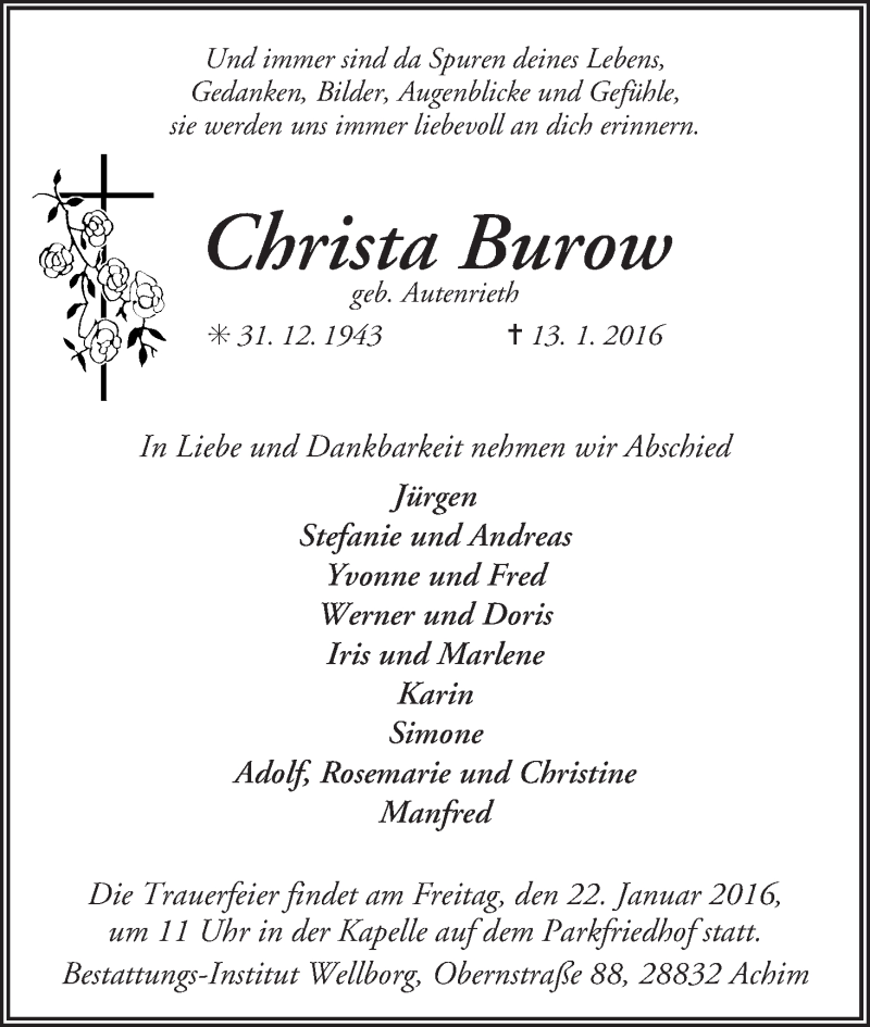 Traueranzeige von Christa Burow von Achimer Kurier/Verdener Nachrichten