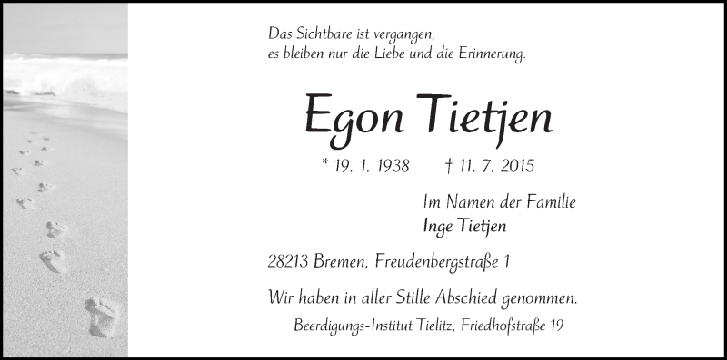 Traueranzeige von Egon Tietjen von WESER-KURIER