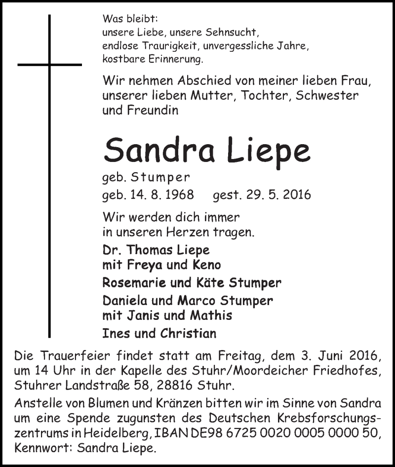 Traueranzeige von Sandra Liepe von WESER-KURIER