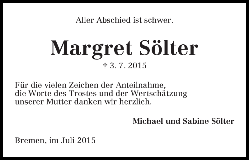 Traueranzeige von Margret Sölter von WESER-KURIER
