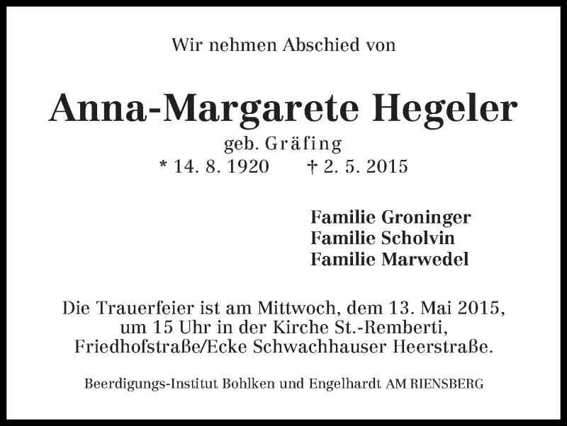 Traueranzeige von Anna-Margarete Hegeler von WESER-KURIER