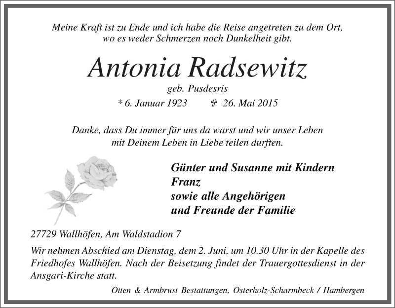 Traueranzeige von Antonia Radsewitz von Osterholzer Kreisblatt