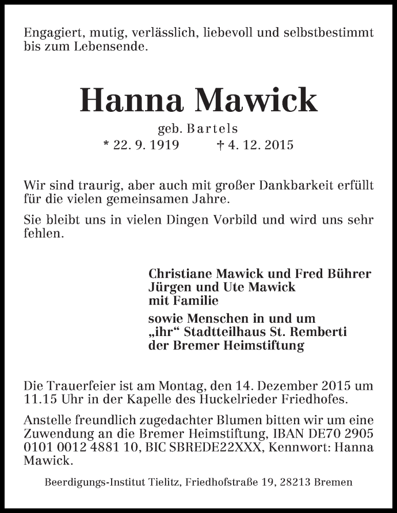 Traueranzeige von Hanna Mawick von WESER-KURIER
