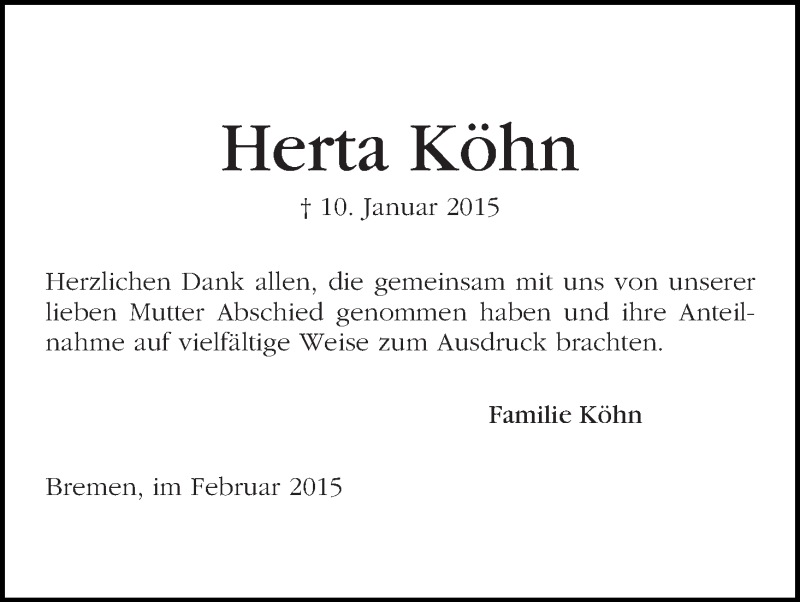 Traueranzeige von Herta Köhn von WESER-KURIER