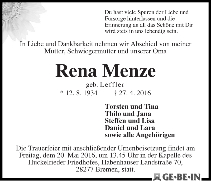 Traueranzeige von Rena Menze von WESER-KURIER