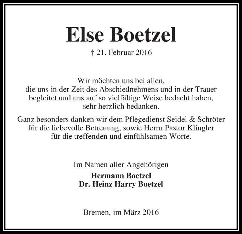 Traueranzeige von Else Boetzel von WESER-KURIER