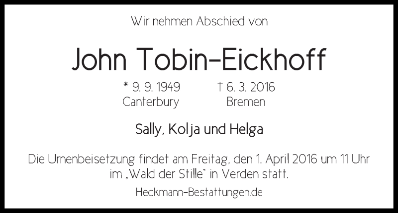 Traueranzeige von John Tobin-Eickhoff von WESER-KURIER