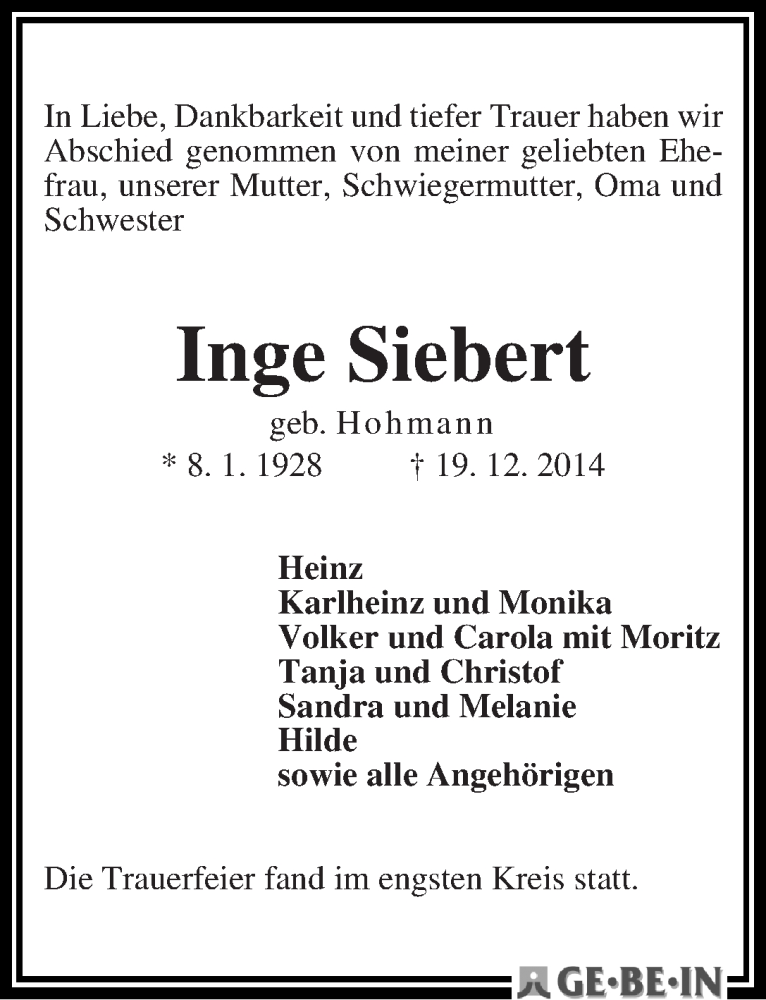 Traueranzeige von Inge Siebert von WESER-KURIER