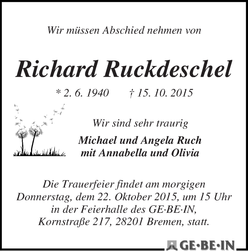 Traueranzeige von Richard Ruckdeschel von WESER-KURIER