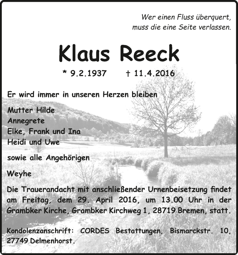 Traueranzeige von Klaus Reeck von WESER-KURIER