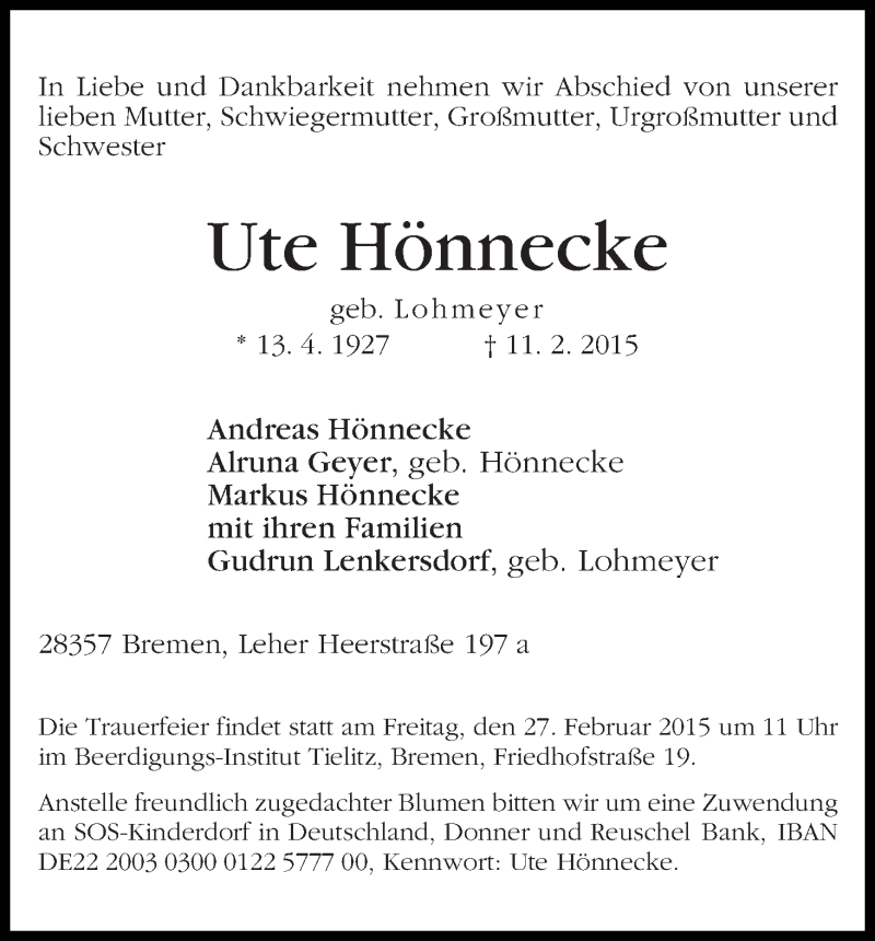 Traueranzeige von Ute Hönnecke von WESER-KURIER