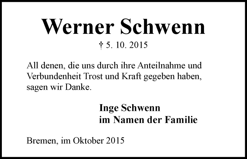 Traueranzeige von Werner Schwenn von WESER-KURIER