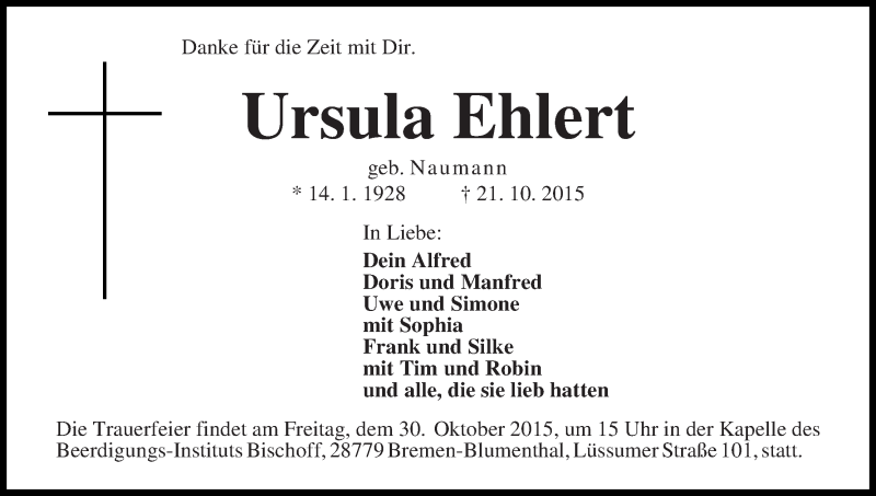 Traueranzeige von Ursula Ehlert von Die Norddeutsche