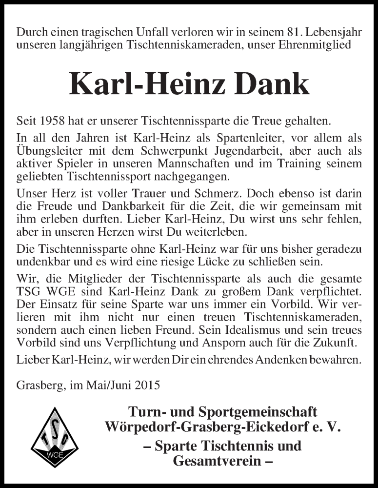 Traueranzeige von Karl-Heinz Dank von Wuemme Zeitung