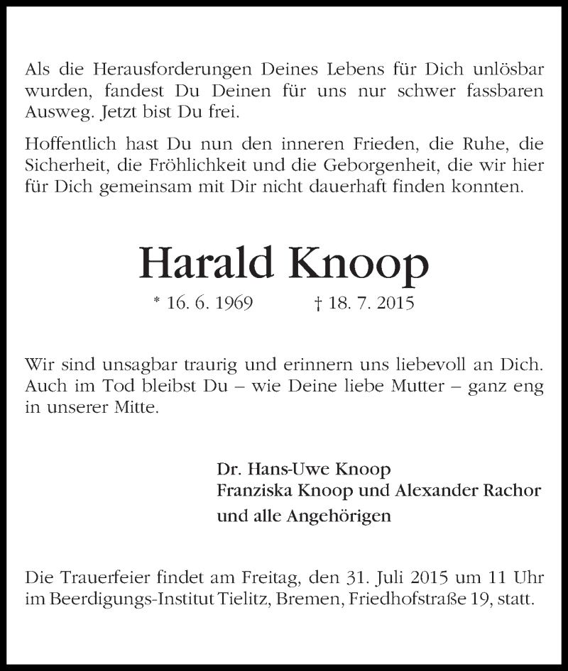 Traueranzeige von Harald Knoop von WESER-KURIER