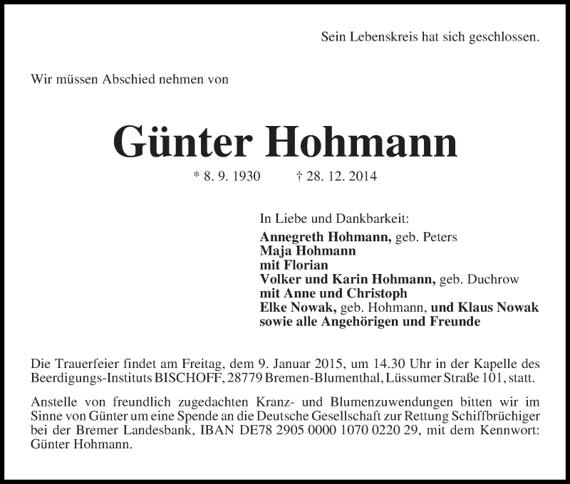 Traueranzeige von Günter Hohmann von Die Norddeutsche