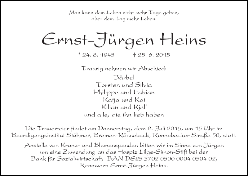 Traueranzeige von Ernst-Jürgen Heins von Die Norddeutsche