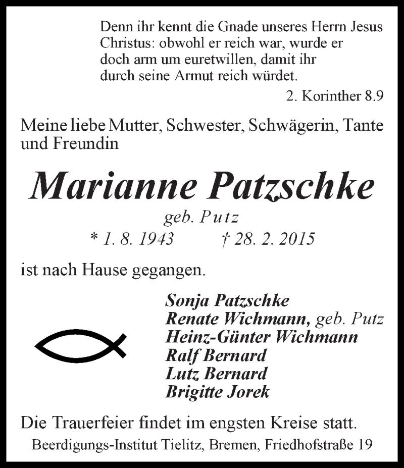 Traueranzeige von Marianne Patzschke von WESER-KURIER