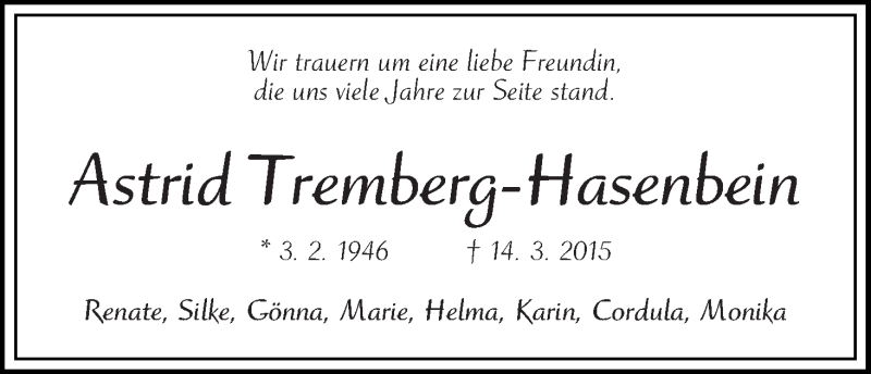 Traueranzeige von Astrid Tremberg-Hasenbein von WESER-KURIER