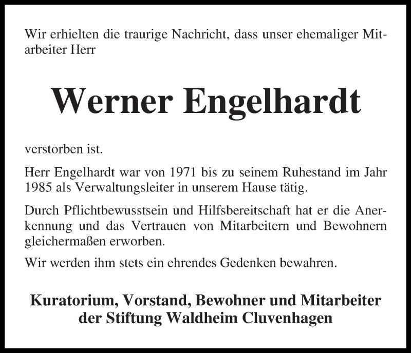 Traueranzeige von Werner Engelhardt von WESER-KURIER