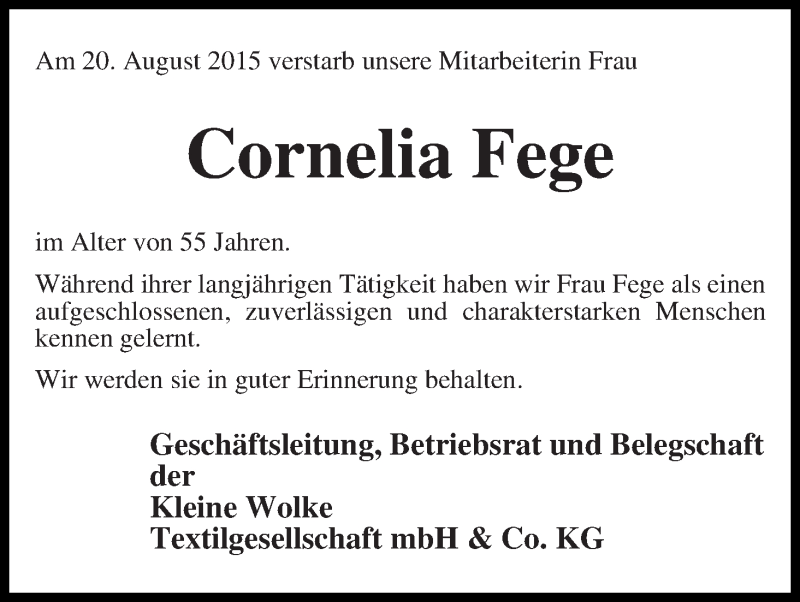 Traueranzeige von Cornelia Fege von Die Norddeutsche