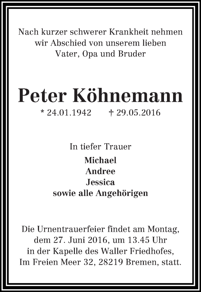 Traueranzeige von Peter Köhnemann von WESER-KURIER